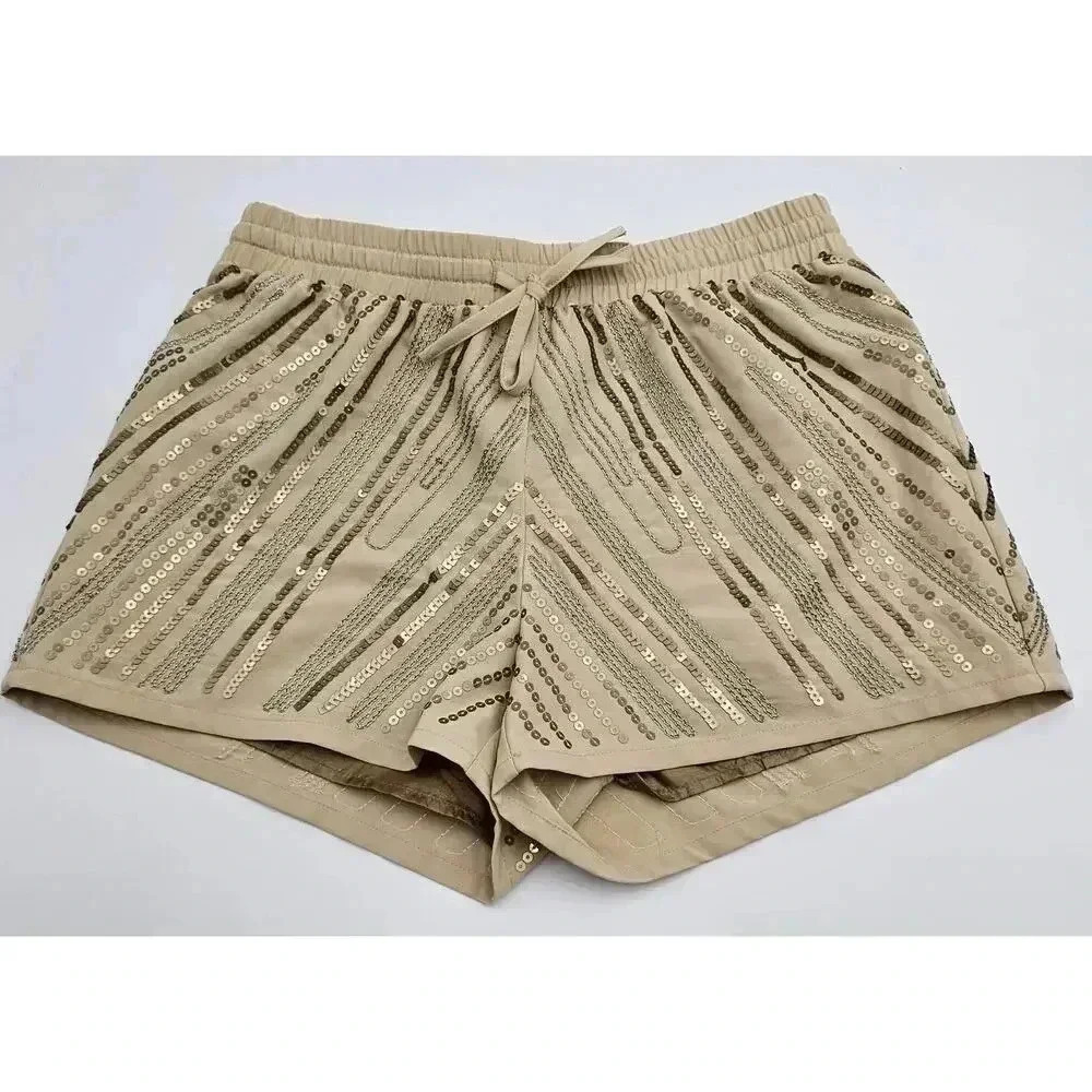 Bebe Women's Size XS Beige Elastic Waist Shorts w/Sequin Detailing NWT